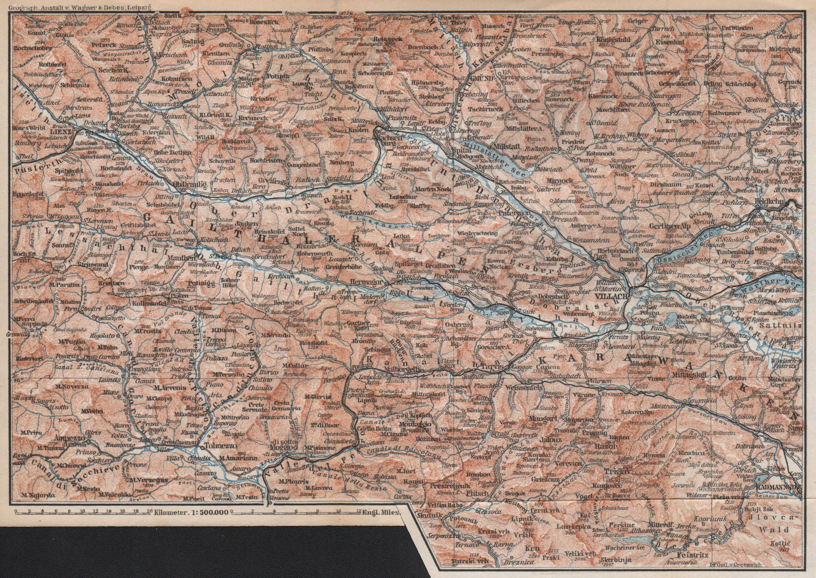 CARINTHIAN ALPS Lienz Villach Triglav Lake Bled Austria Italy Slovenia 1896 map